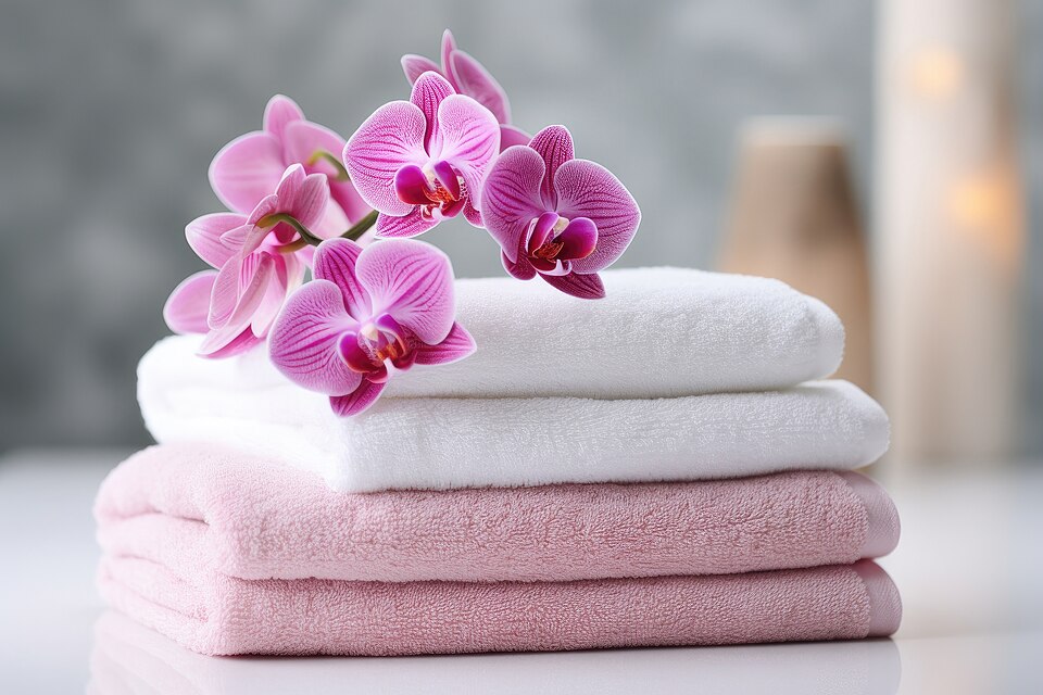 Pink orchid resting on folded spa towels for a simple clean beauty routine