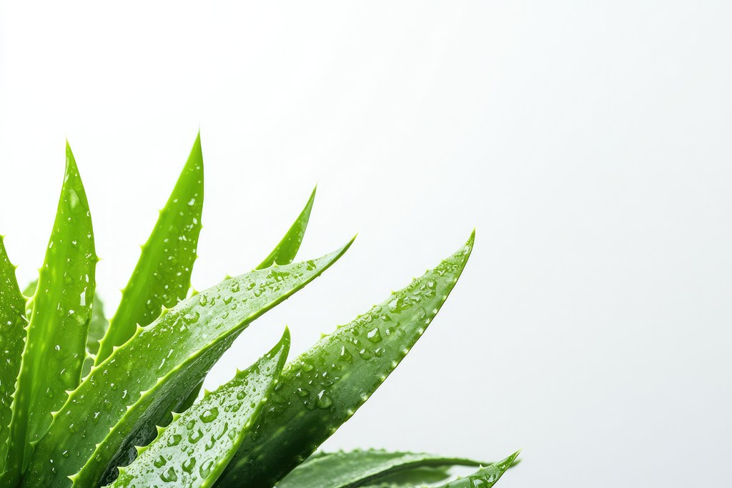 Fresh aloe leaves with water droplets on a bright white background