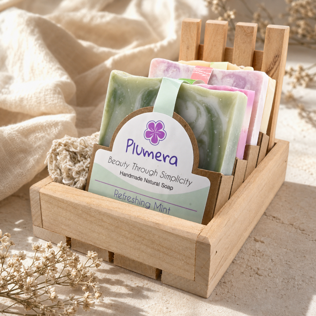 Fragrant Soap Box — Editorial Main Image Plumera Fragrant Soap Box with four colorful handmade bars, wooden soap dish, sisal soap saver, and wood gift box