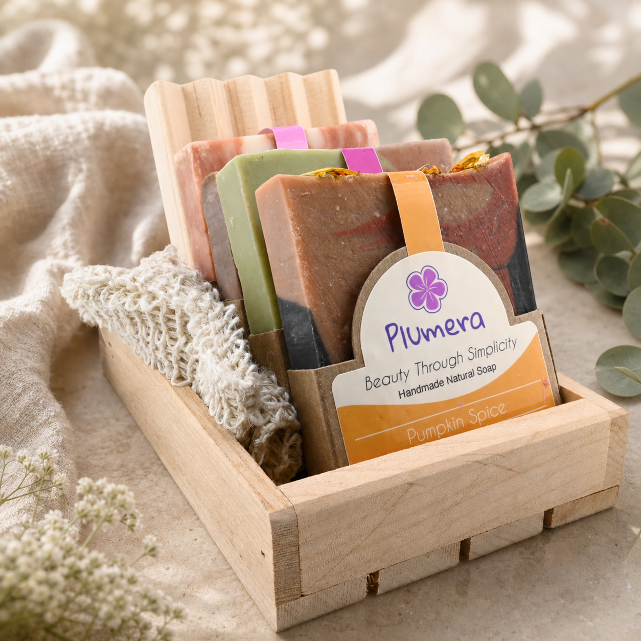 Fun Soap Box — Editorial Main Image Plumera Fun Soap Box with four colorful handmade bars, a wooden soap dish, agave fiber soap saver, and wood gift box