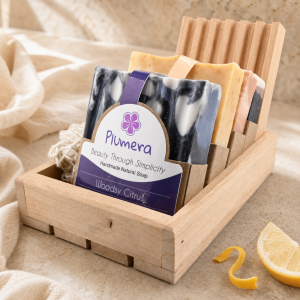 Plumera Citrus Soap Box with four handmade bars, wooden soap dish, sisal soap saver, and light wood gift box