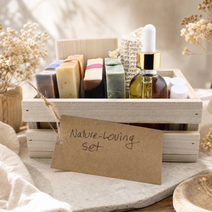 Nature Loving Gift Set in a light wood box with four handmade soaps, dropper oil, balm containers, wooden dish, and fiber accessories