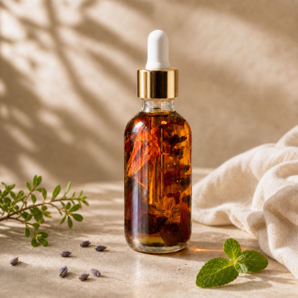 Amber botanical oil in a clear glass dropper bottle with visible dried flowers