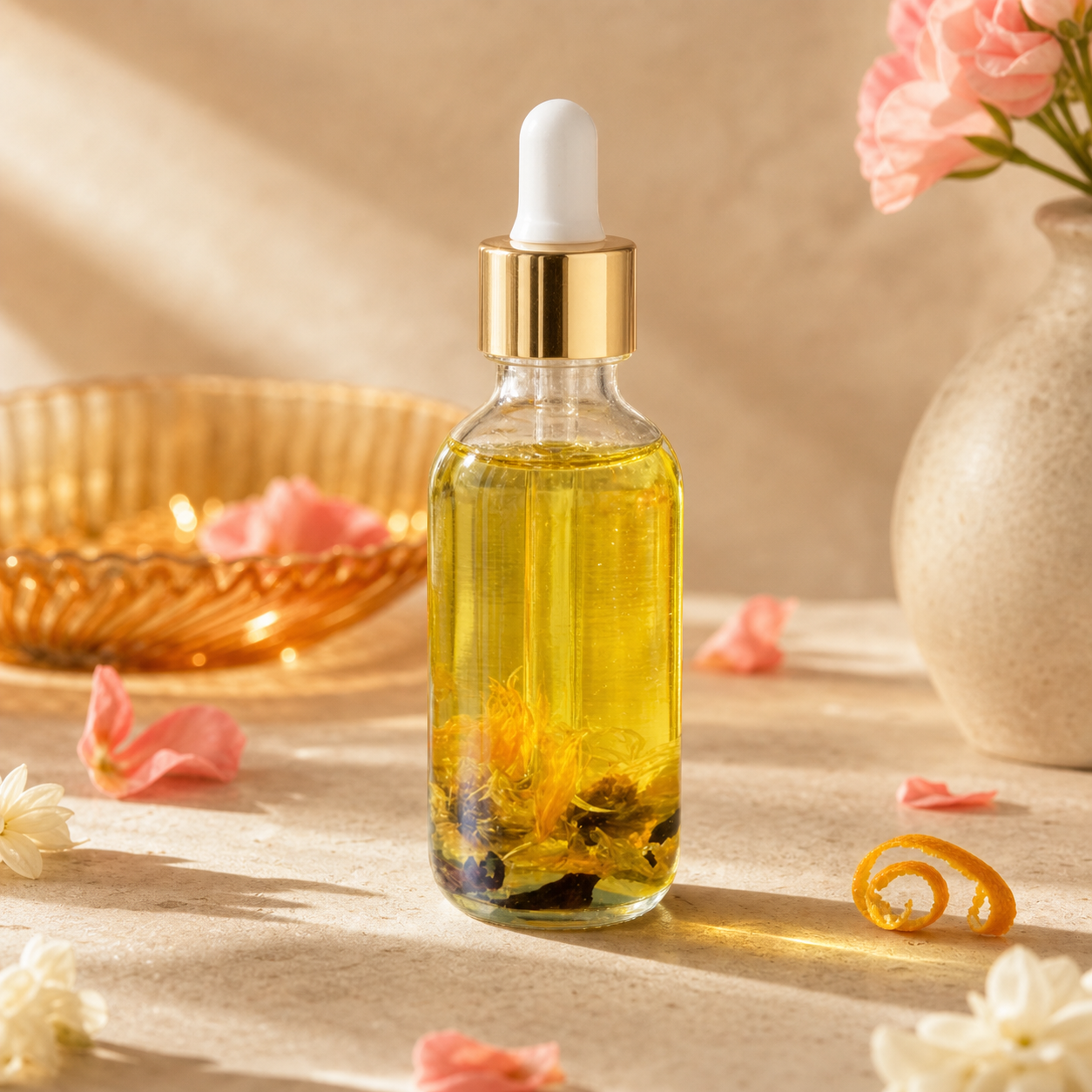 Golden botanical oil in a clear glass dropper bottle with yellow flowers and dark botanicals