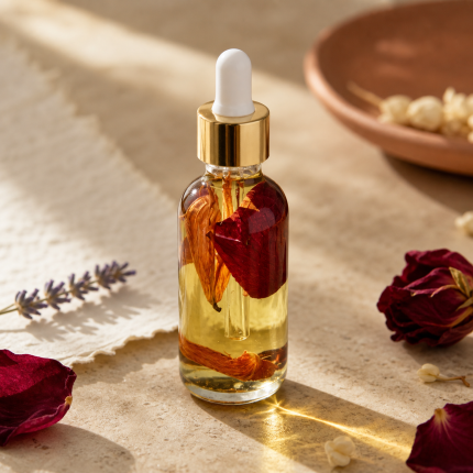Nourishing botanical face oil in a clear glass dropper bottle in a warm floral editorial setting