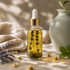 Soothing Bloom botanical face and body oil in a clear glass bottle in a soft floral editorial setting