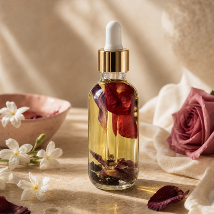 Jasmine and rose botanical face and body oil in a warm flower-filled editorial scene