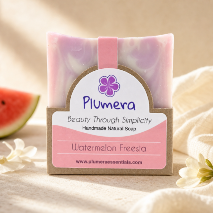 Watermelon Freesia pink and white handmade soap bar by Plumera Essentials
