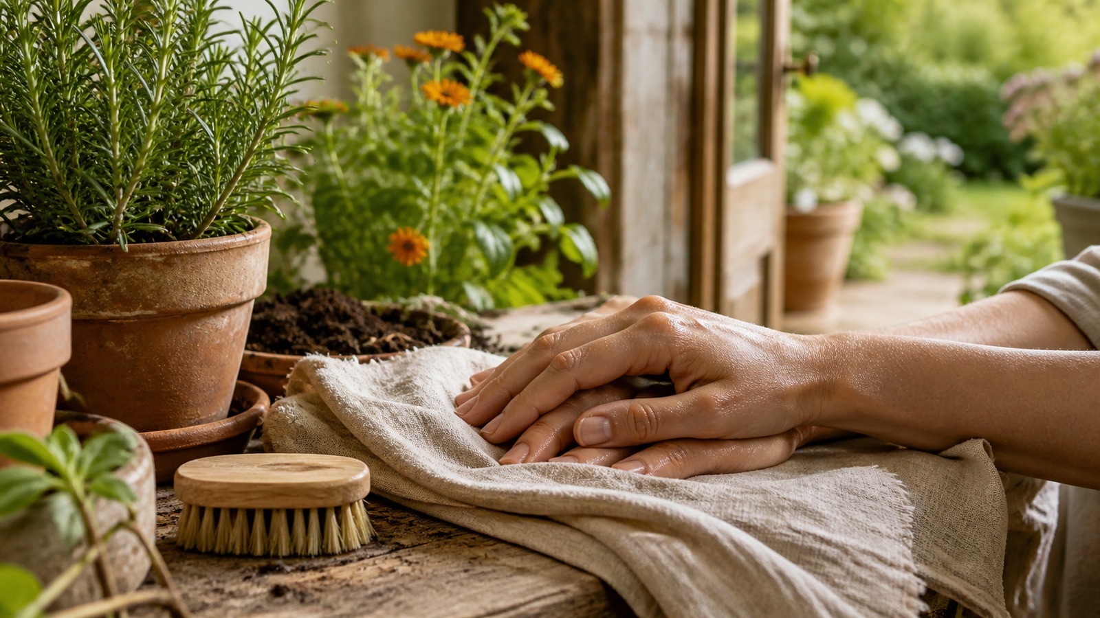 Freshly rinsed hands resting on linen beside a nail brush and potted garden herbs