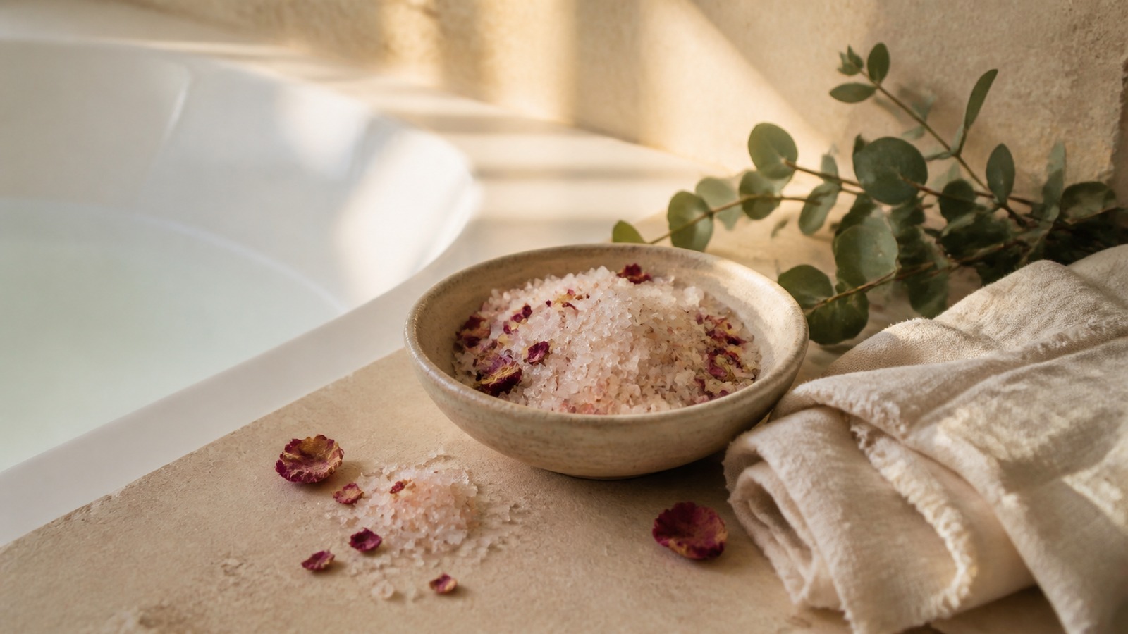 Ceramic bowl of pale mineral salts and rose petals beside a cream linen towel and eucalyptus by a sunlit tub