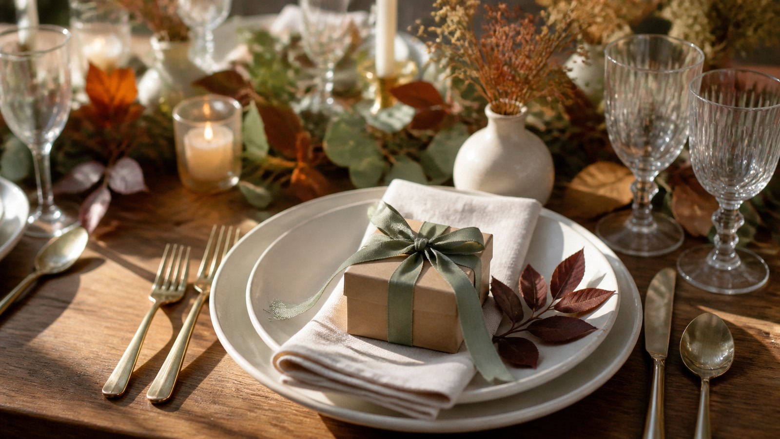 Autumn wedding place setting with an unbranded gift box and seasonal leaves