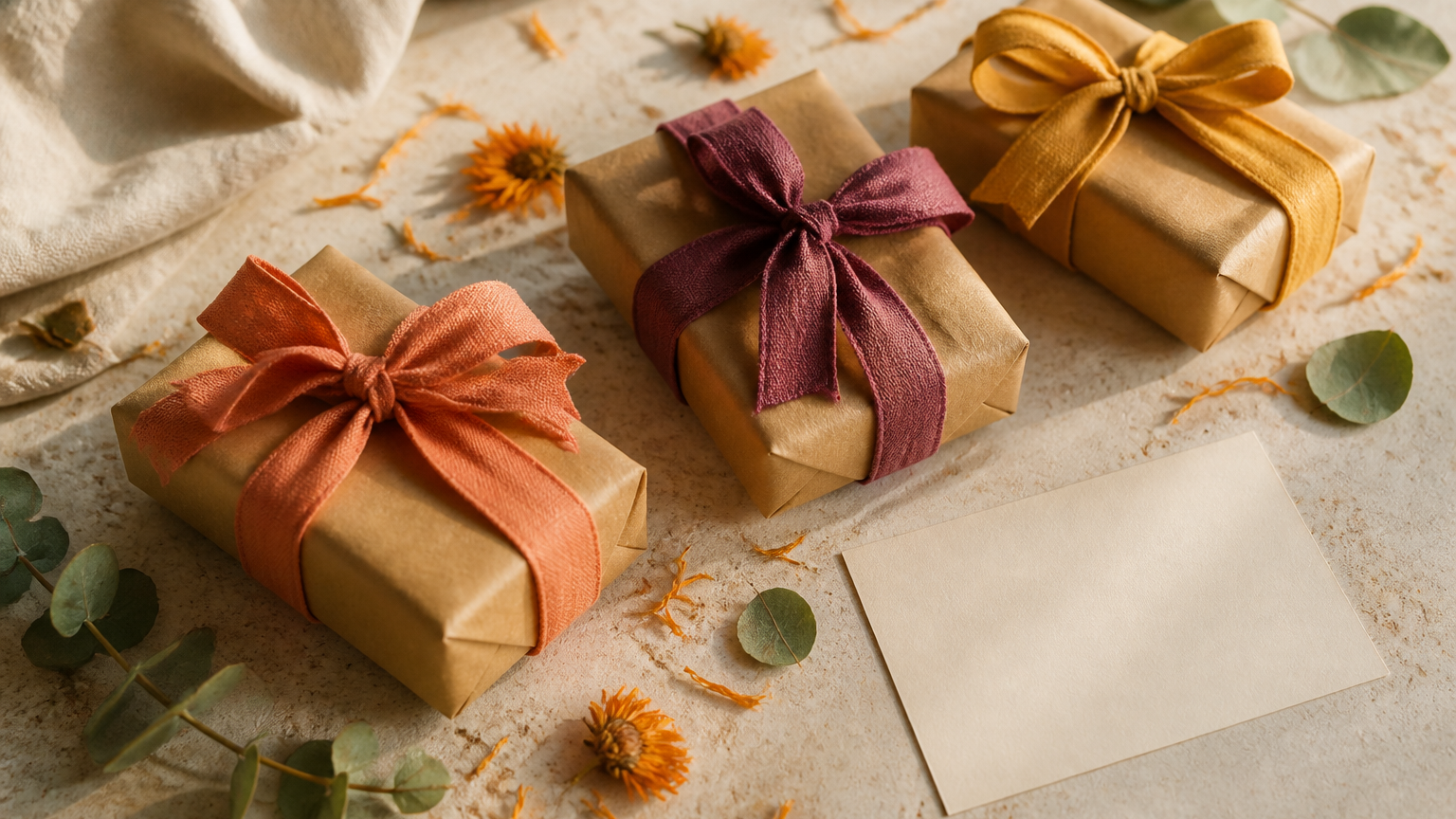 Three kraft-paper gifts tied with coral, plum, and mustard ribbons beside eucalyptus and calendula petals