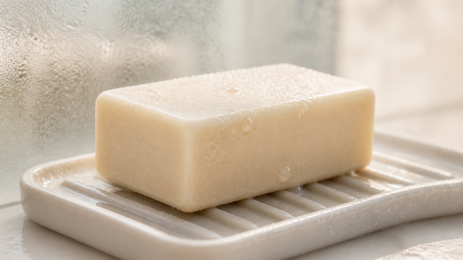 Moisture droplets on unbranded handmade soap in humid summer air