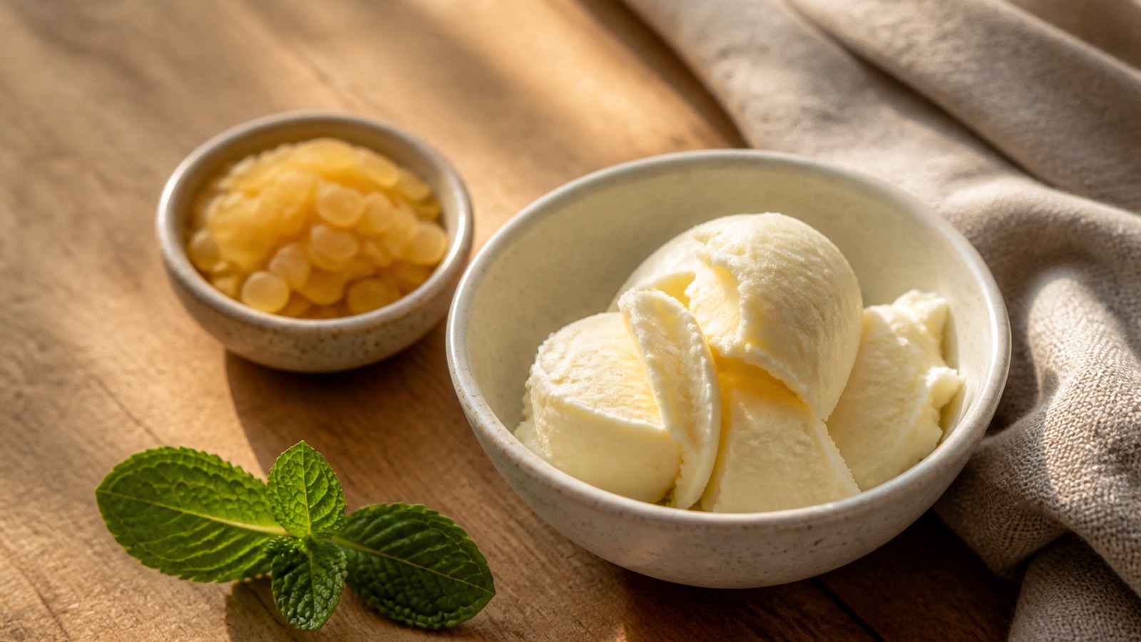 Pale plant butter and golden beeswax in ceramic bowls beside fresh mint on a warm wood table
