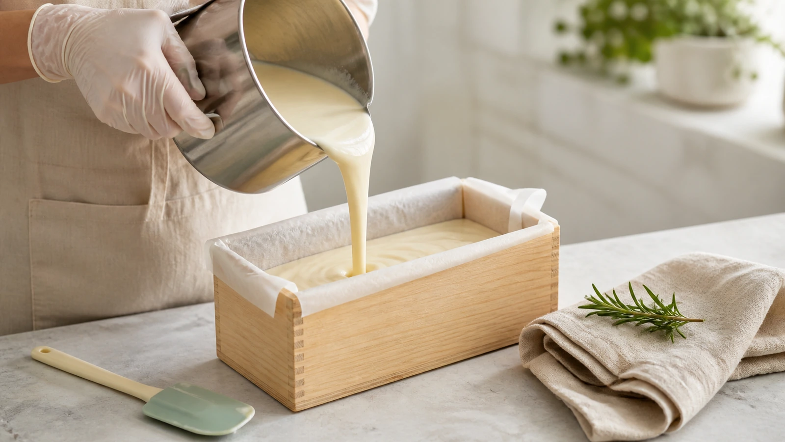 Soapmaker pouring creamy soap batter into a wooden loaf mold