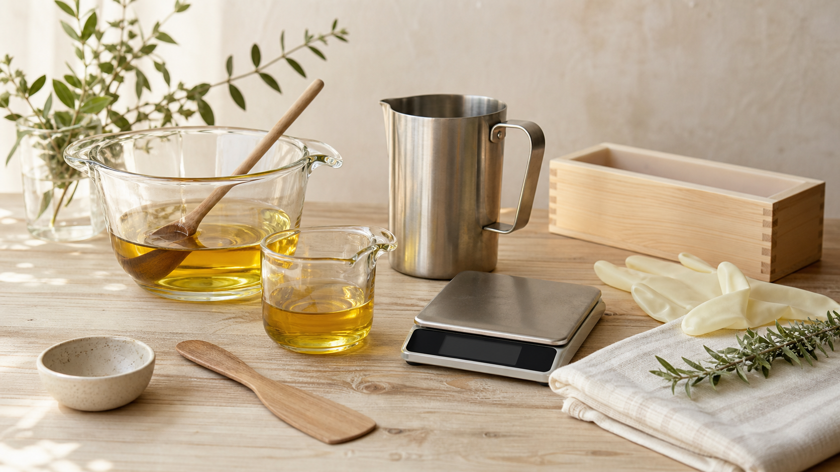 Sunlit handmade soapmaking workspace with plant oils, mixing tools, a scale, gloves, and an empty wooden mold