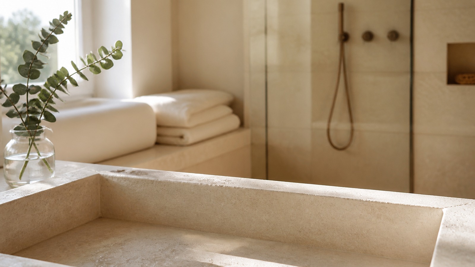 Warm neutral bathroom with a stone sink, folded towels, shower, and eucalyptus