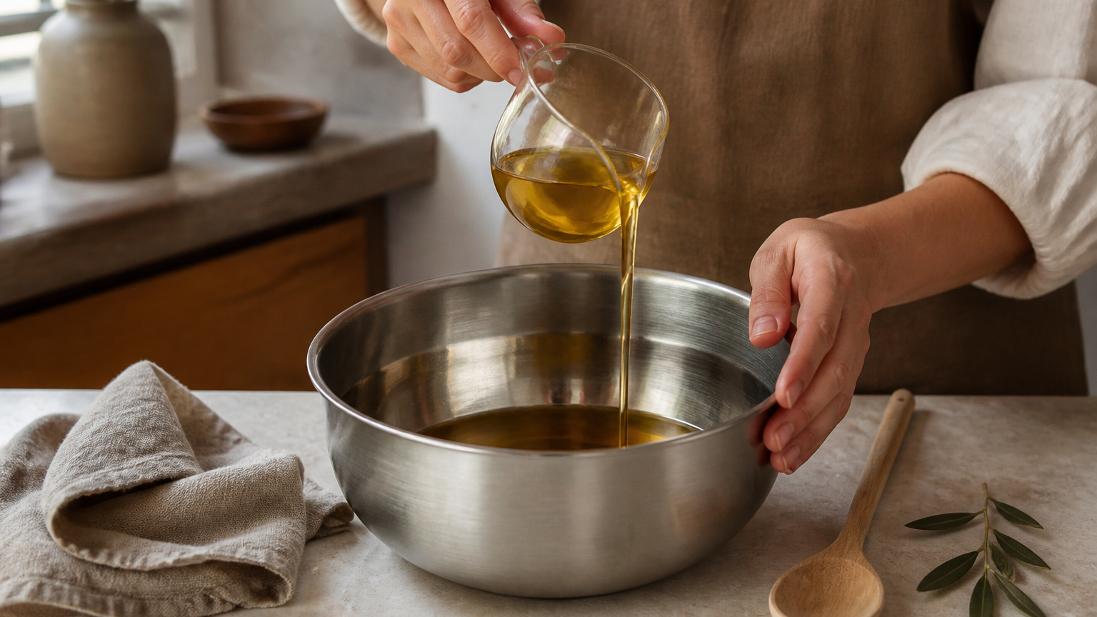 Plant oil being poured into a mixing bowl during a handmade soapmaking process