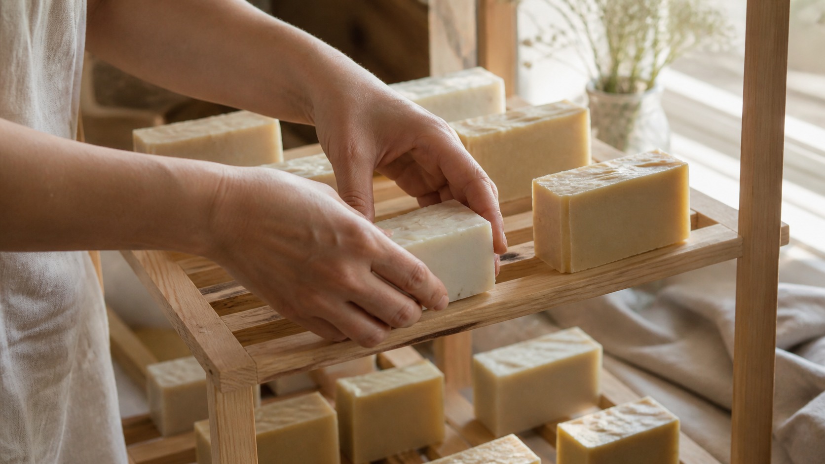 Hands spacing unbranded handmade soap bars on a wooden resting rack