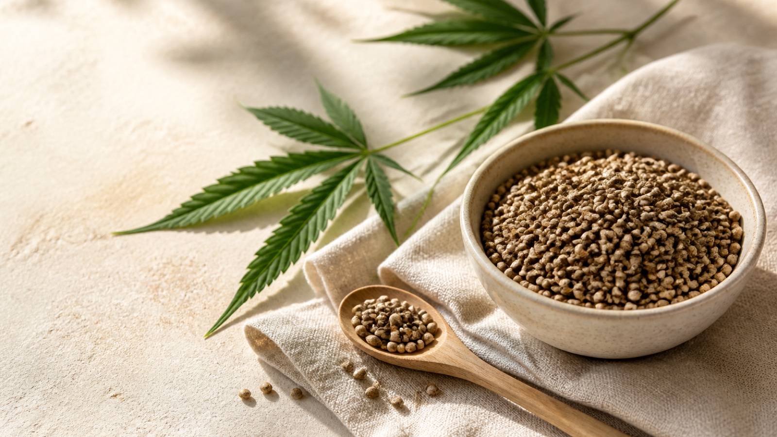 Hemp seeds in a ceramic bowl with green leaves on cream linen