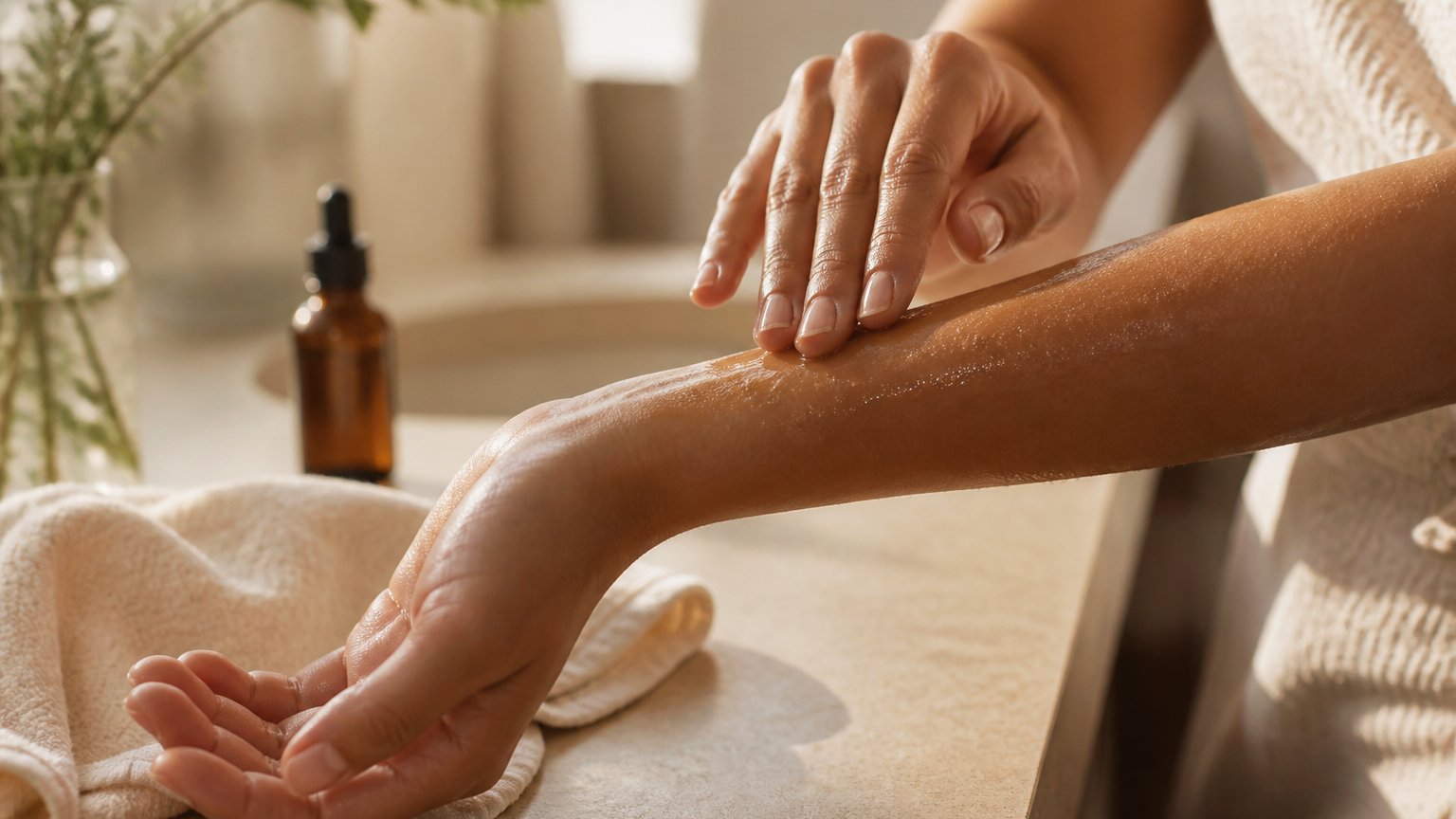 Woman smoothing a small amount of body oil onto her forearm in warm bathroom light