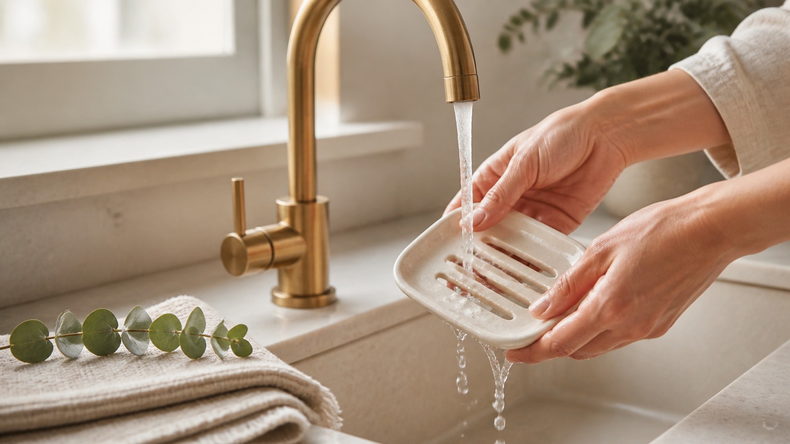 Hands rinsing an unbranded ceramic soap dish beneath a brass bathroom faucet