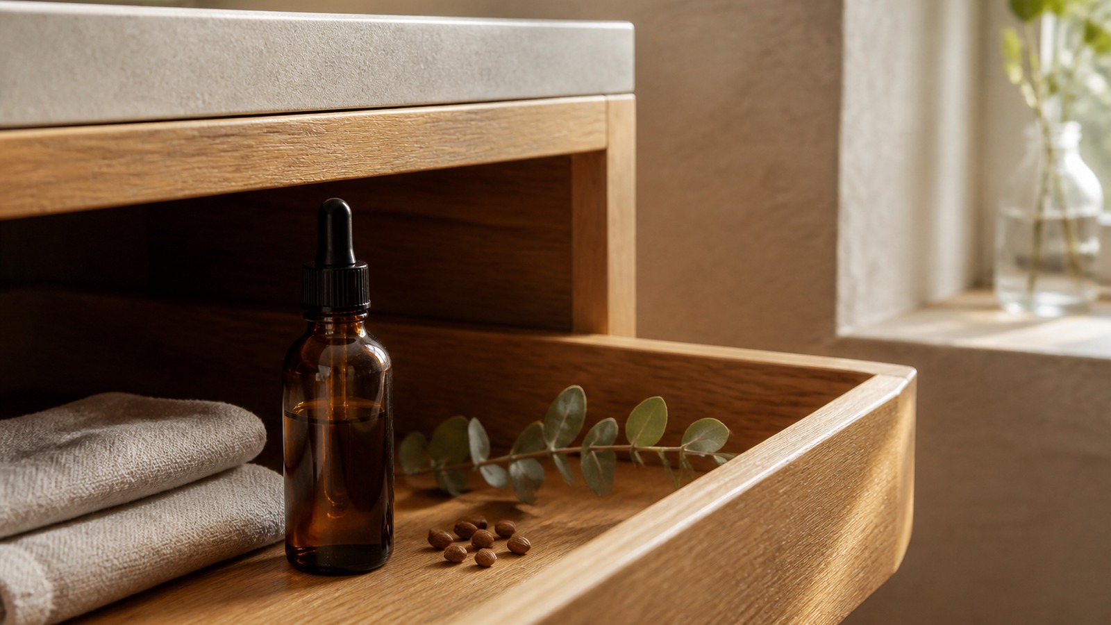 Unlabeled amber body oil bottle stored upright in a shaded wooden bathroom drawer