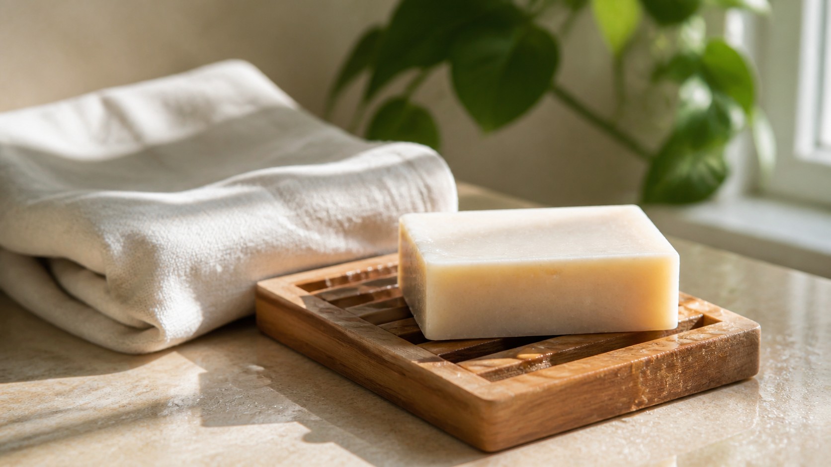 Unbranded handmade soap on a slatted wooden dish in a sunlit bathroom