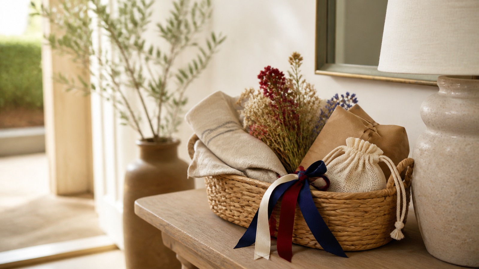 Woven hostess gift basket with neutral linens, dried flowers, and unbranded parcels in warm late-summer light