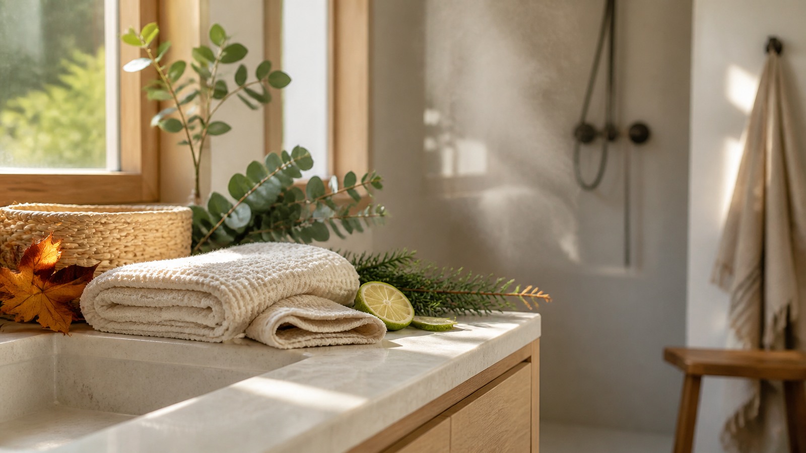 Neutral bathroom with folded waffle towels, eucalyptus, cedar, citrus, and an autumn leaf in warm window light