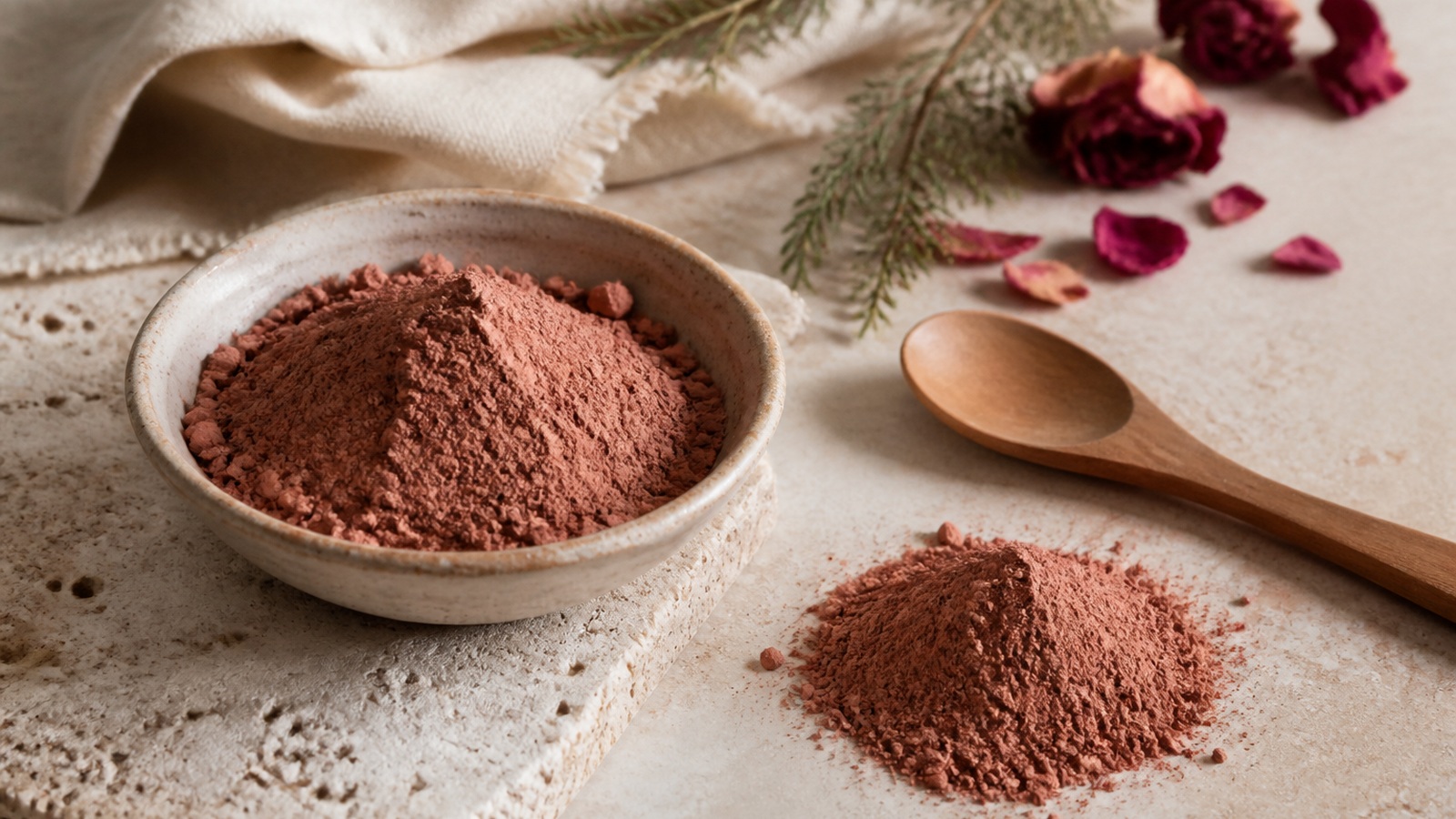 Rose-brown Moroccan clay powder in a ceramic bowl beside a wooden spoon, cream linen, cedar sprigs, and dried rose petals