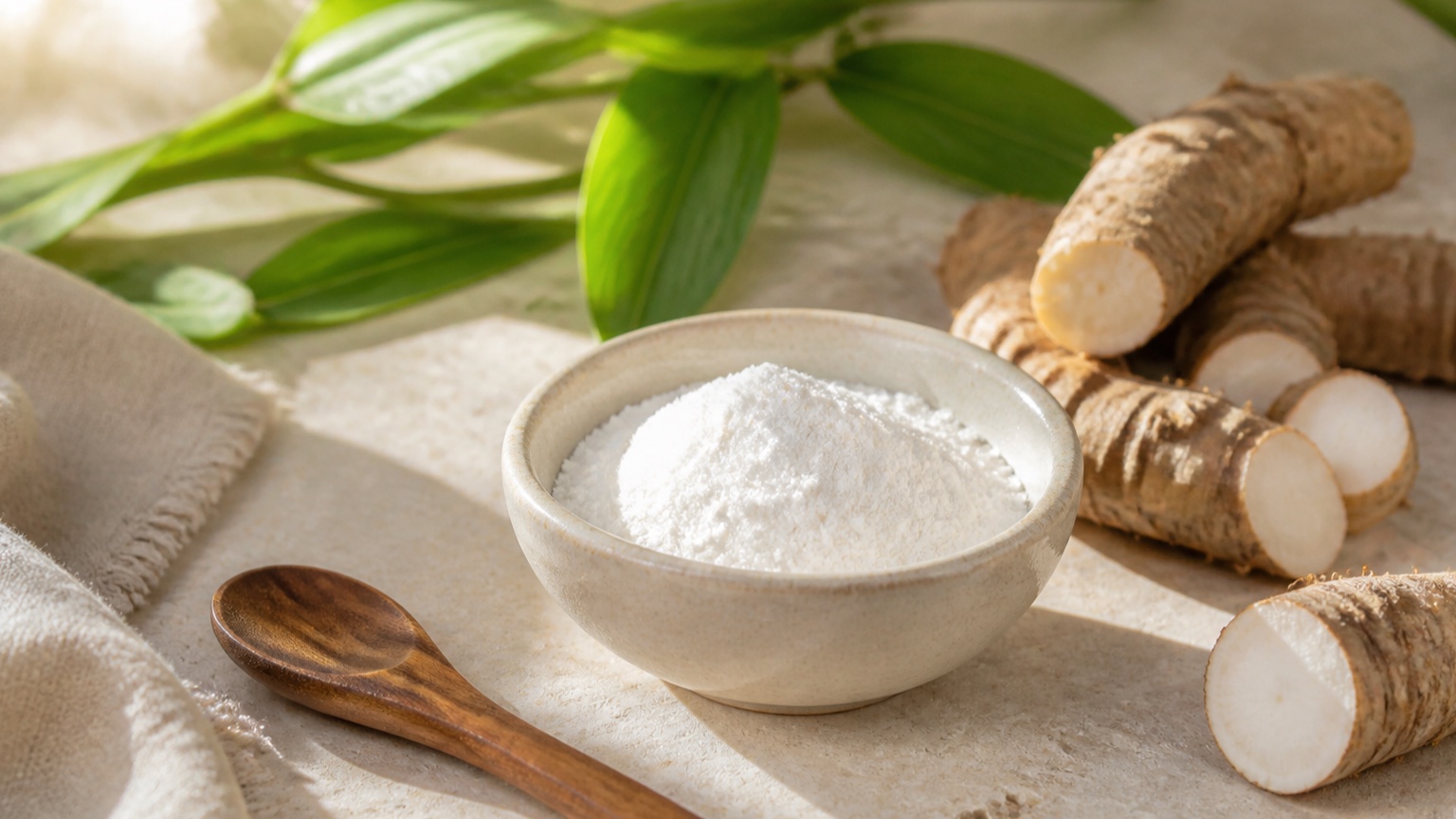 Arrowroot powder in a ceramic bowl with fresh roots and green leaves