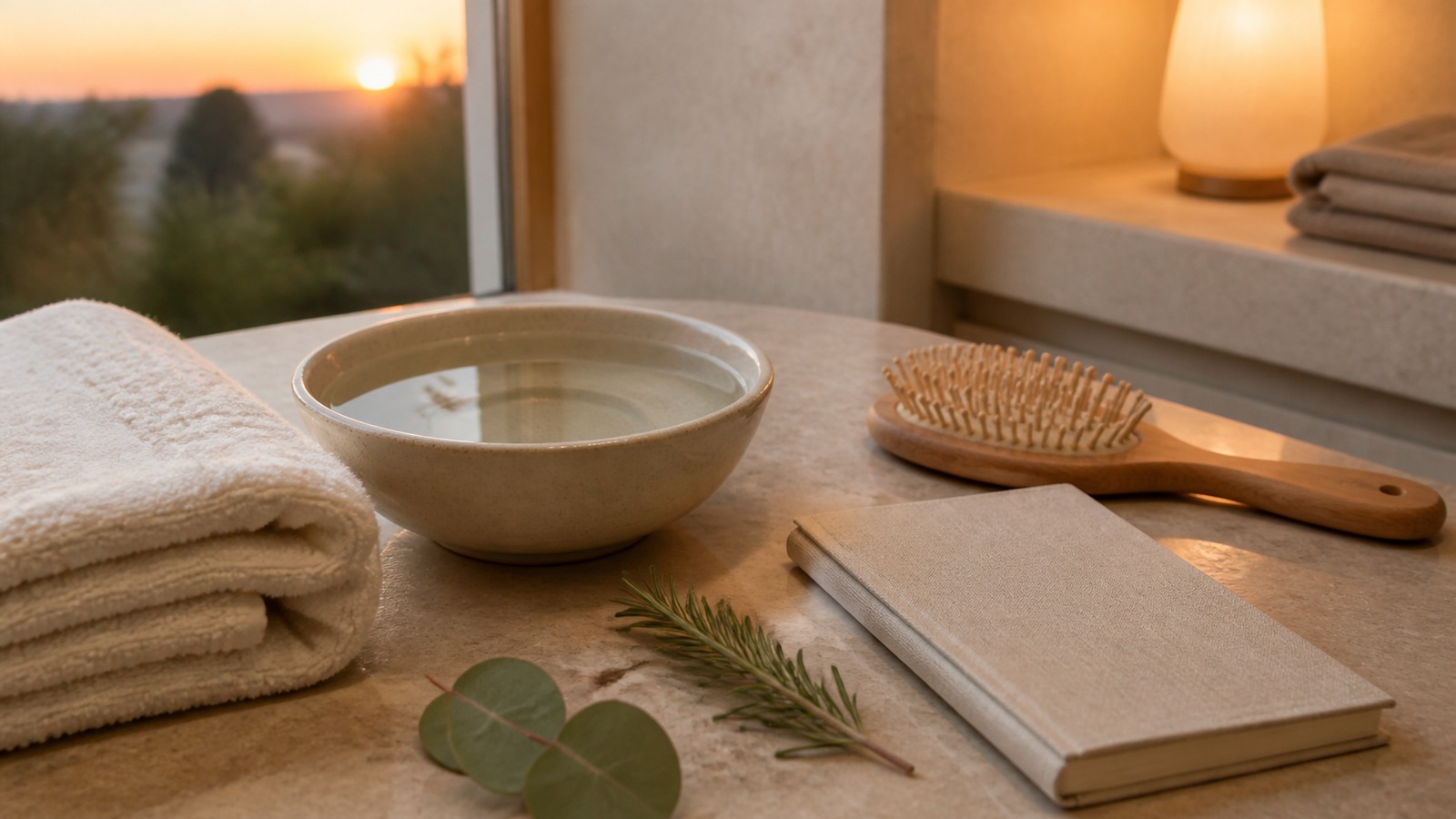 Warm sunset bathroom scene with folded towels, a ceramic water bowl, wooden brush, botanicals, and a blank notebook