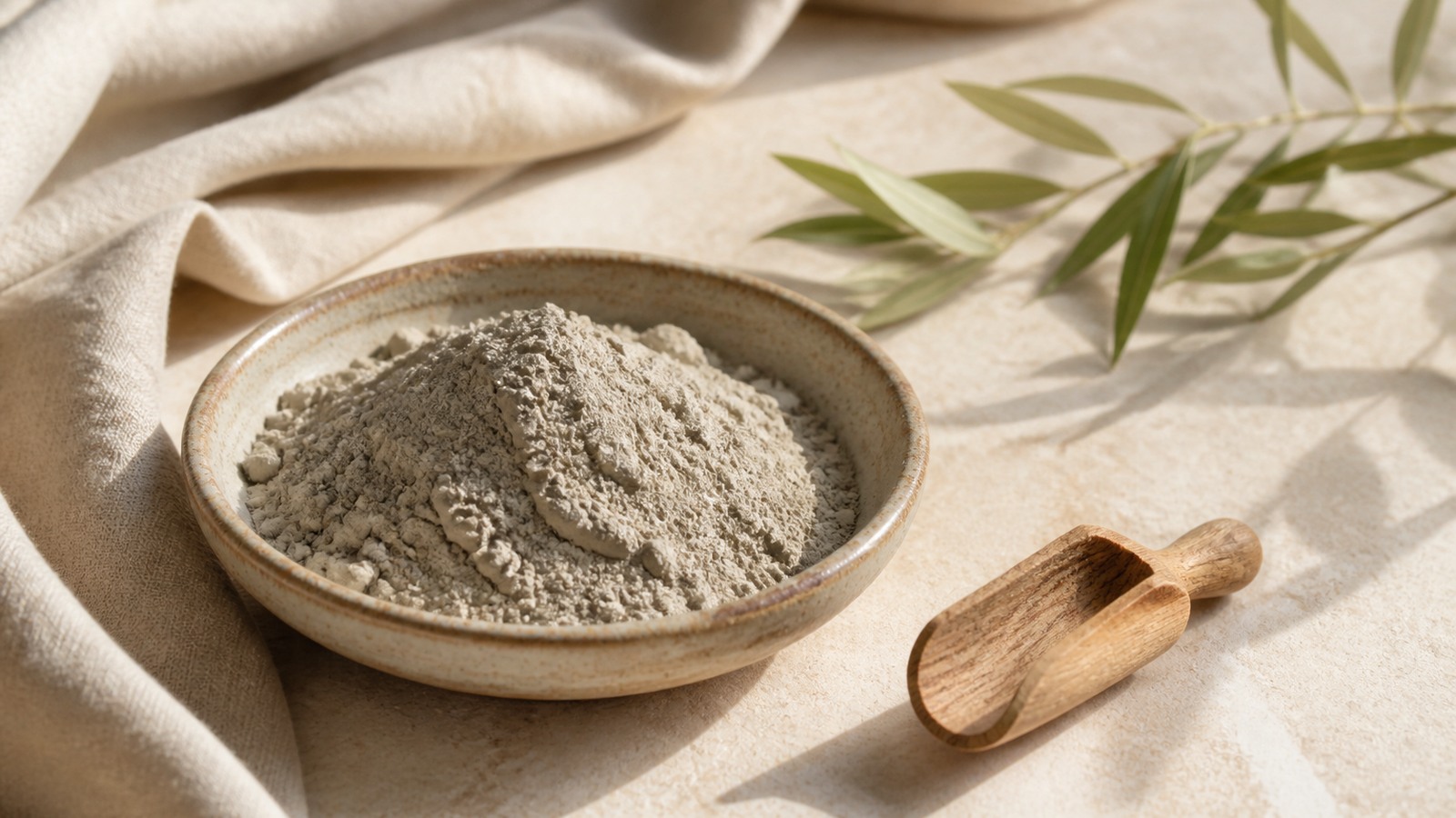 Gray-beige bentonite clay powder in a ceramic bowl with a wooden scoop