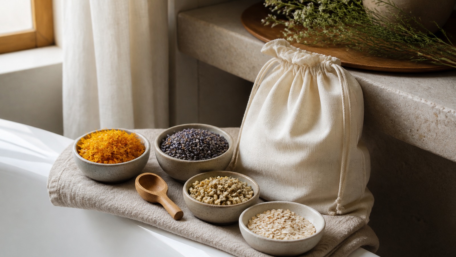 Dried botanicals and oats beside a plain cotton bath tea sachet