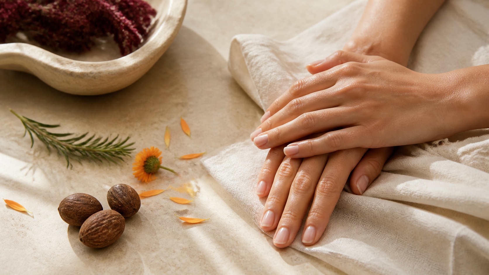 Healthy adult hands resting on cream linen beside calendula, rosemary, and shea nuts