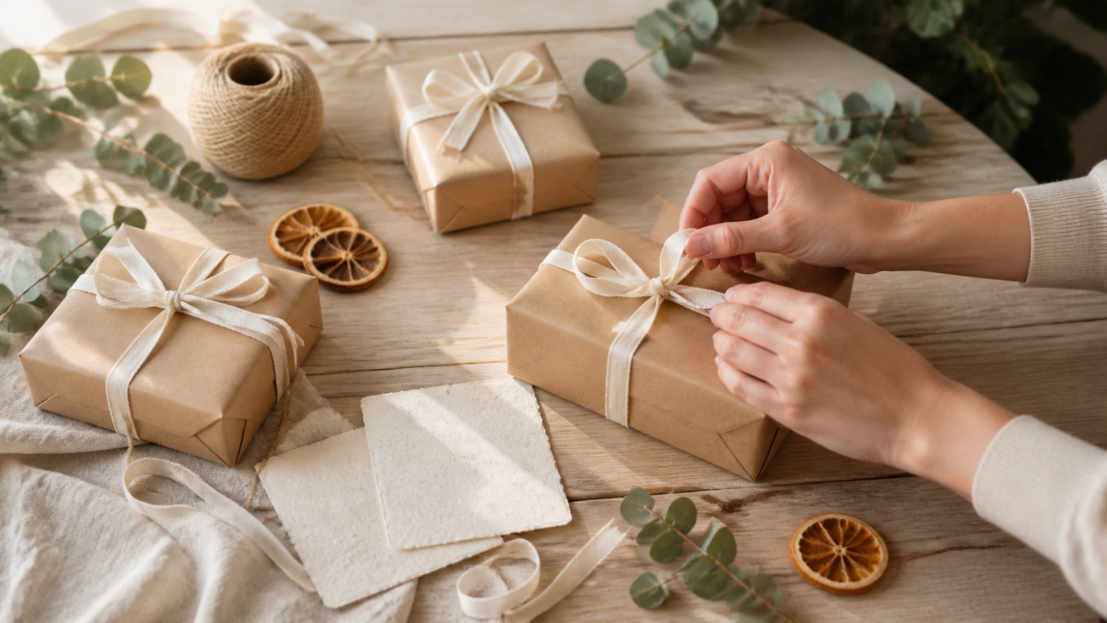 Hands tying cream ribbon on kraft-paper client thank-you gifts