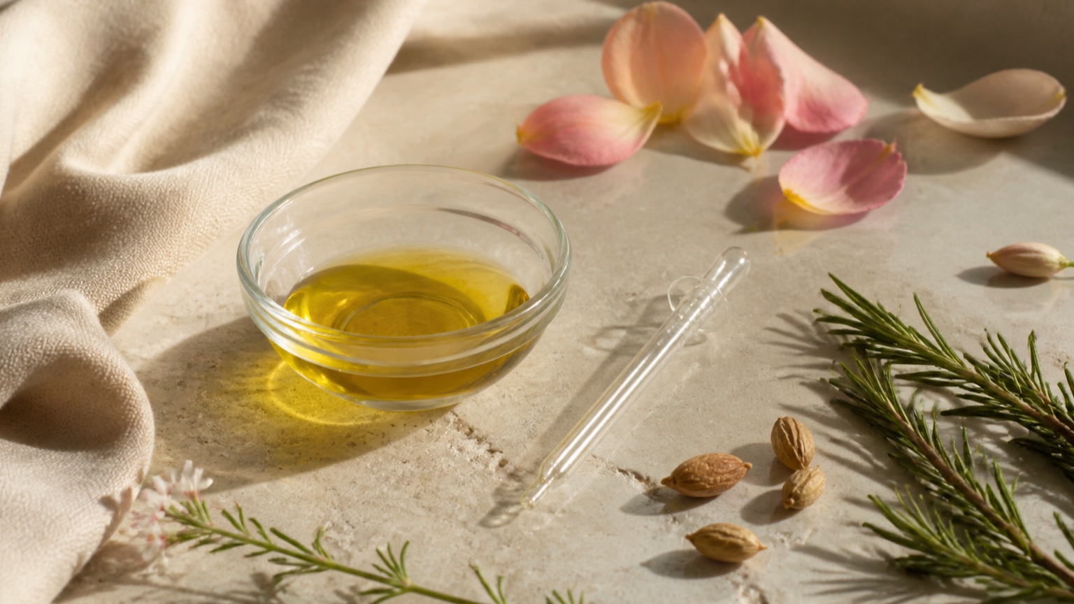 Golden botanical oil with rose petals, rosemary, and a glass pipette on warm stone