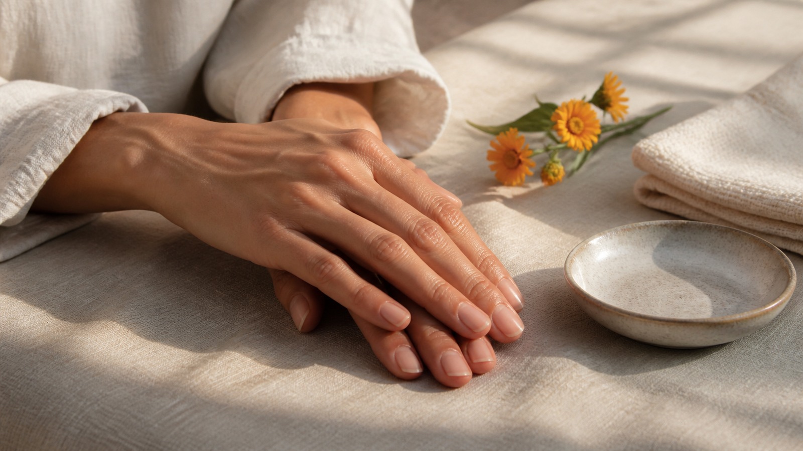 Healthy hands resting on warm neutral linen beside golden botanicals and a ceramic dish