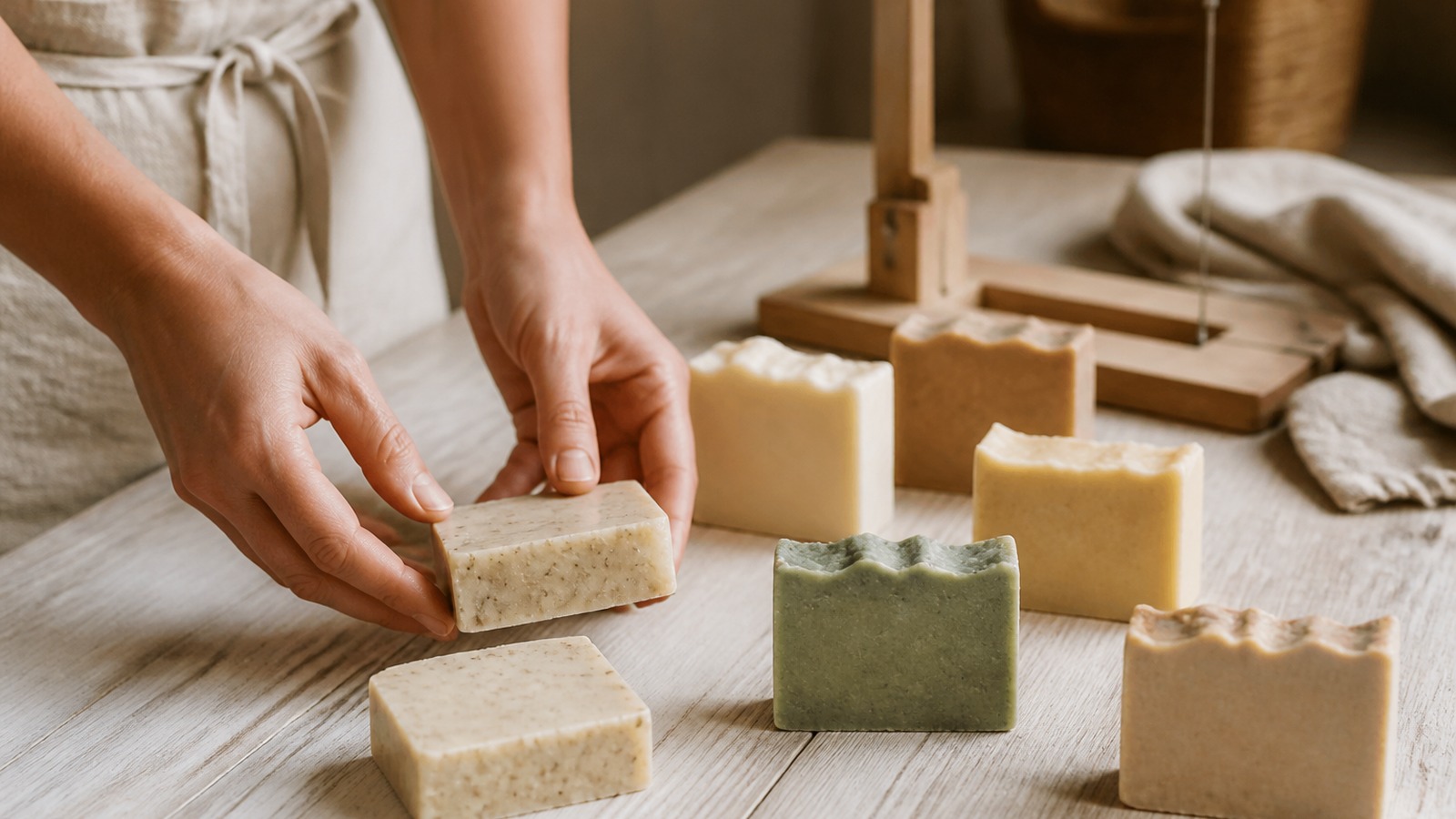 Handmade soap bars with natural variations in color, shape, and texture on an artisan worktable