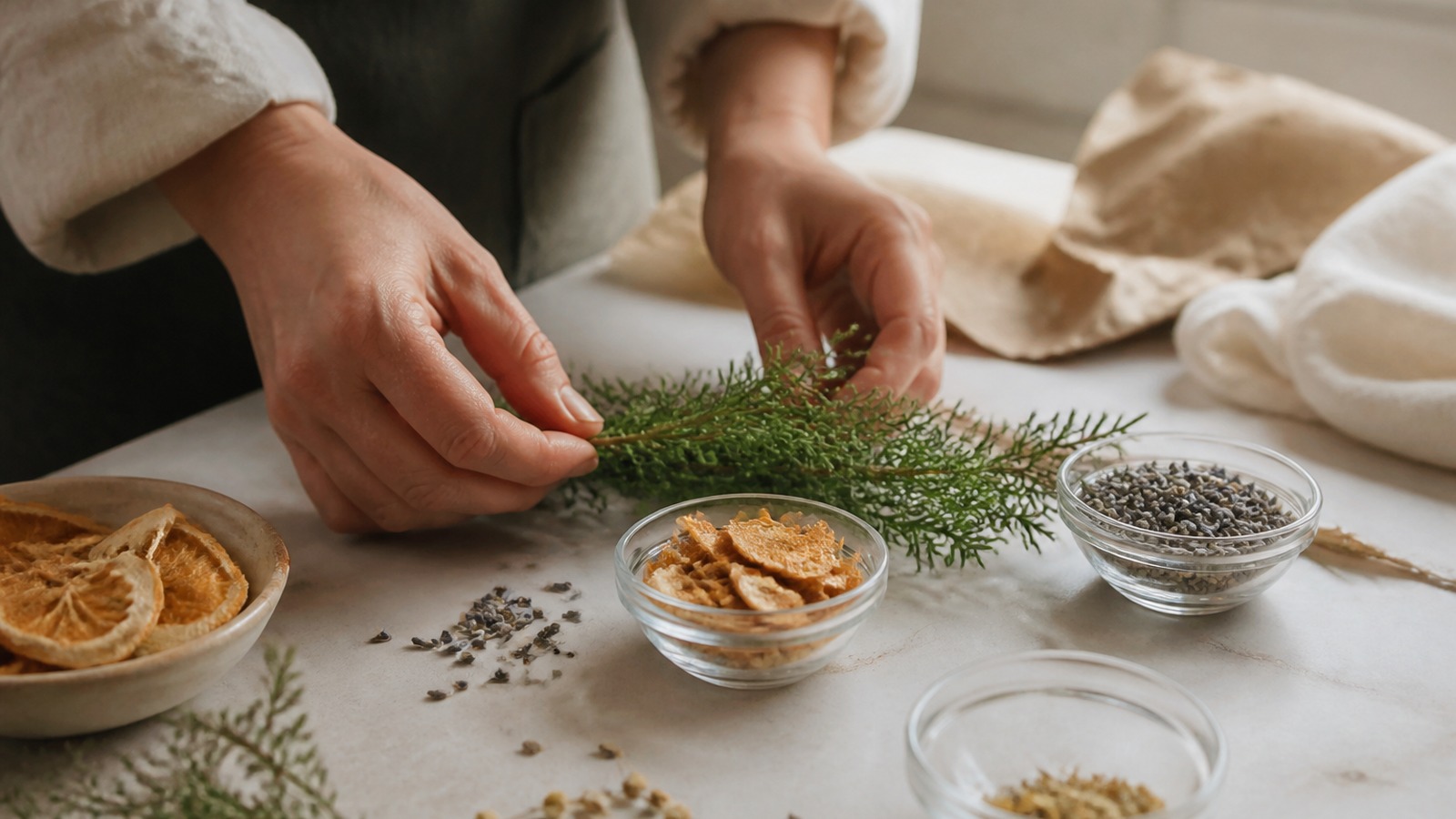 Hands arranging cedar sprigs, dried citrus peel, and lavender for handmade soap scent blending