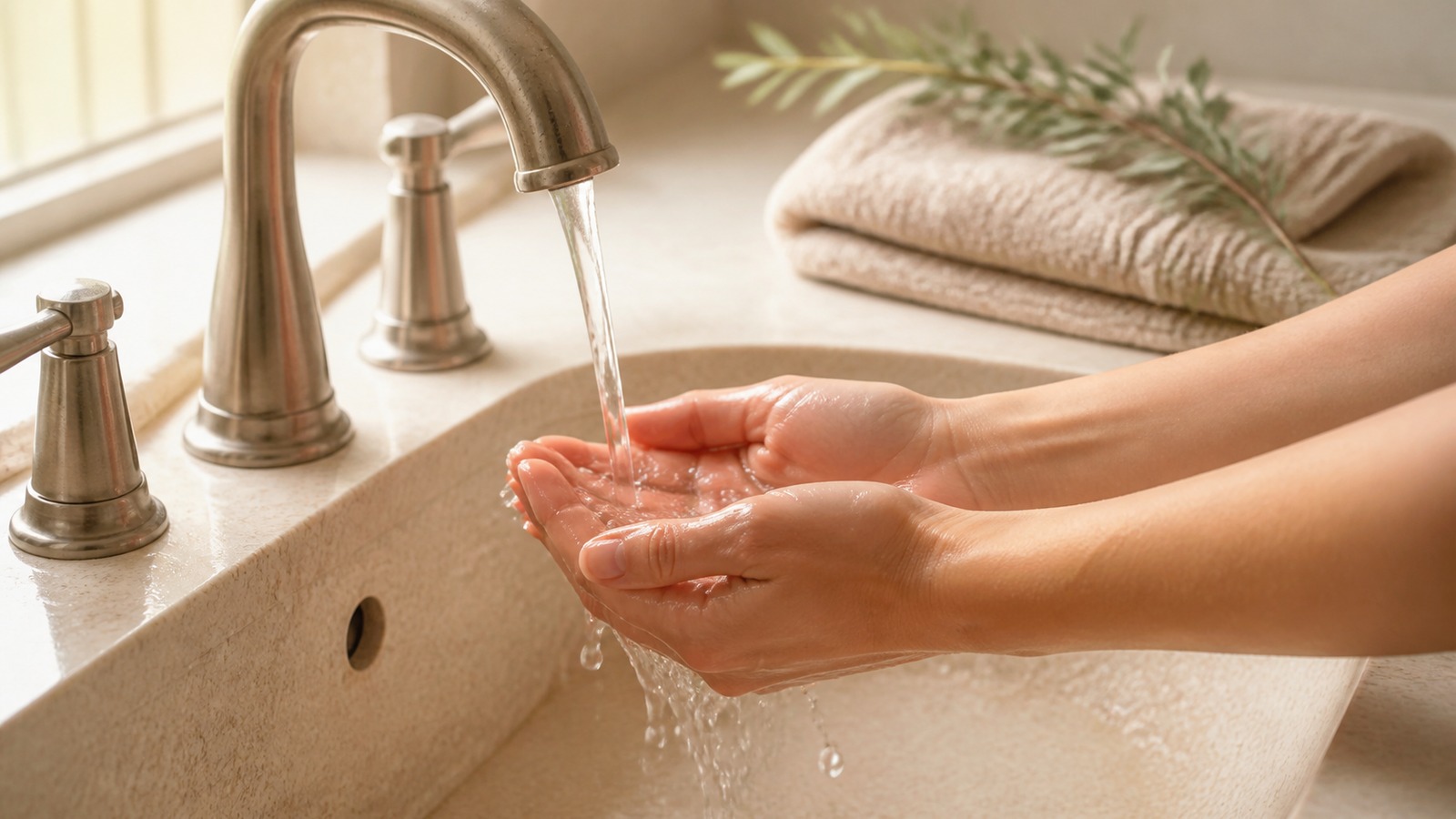 Hands rinsing under a bathroom faucet in a warm, sunlit sink