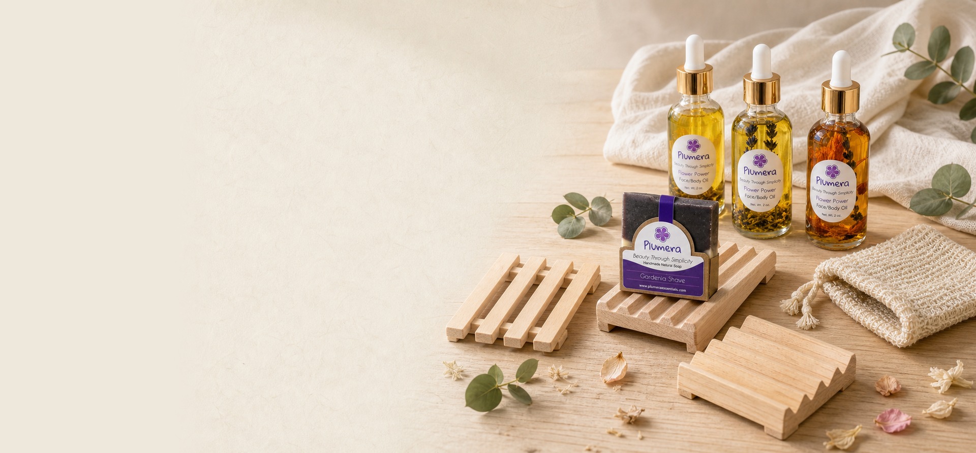 Plumera Flower Power face oils with Gardenia shave soap, sisal soap saver bag and three handmade wooden soap dishes