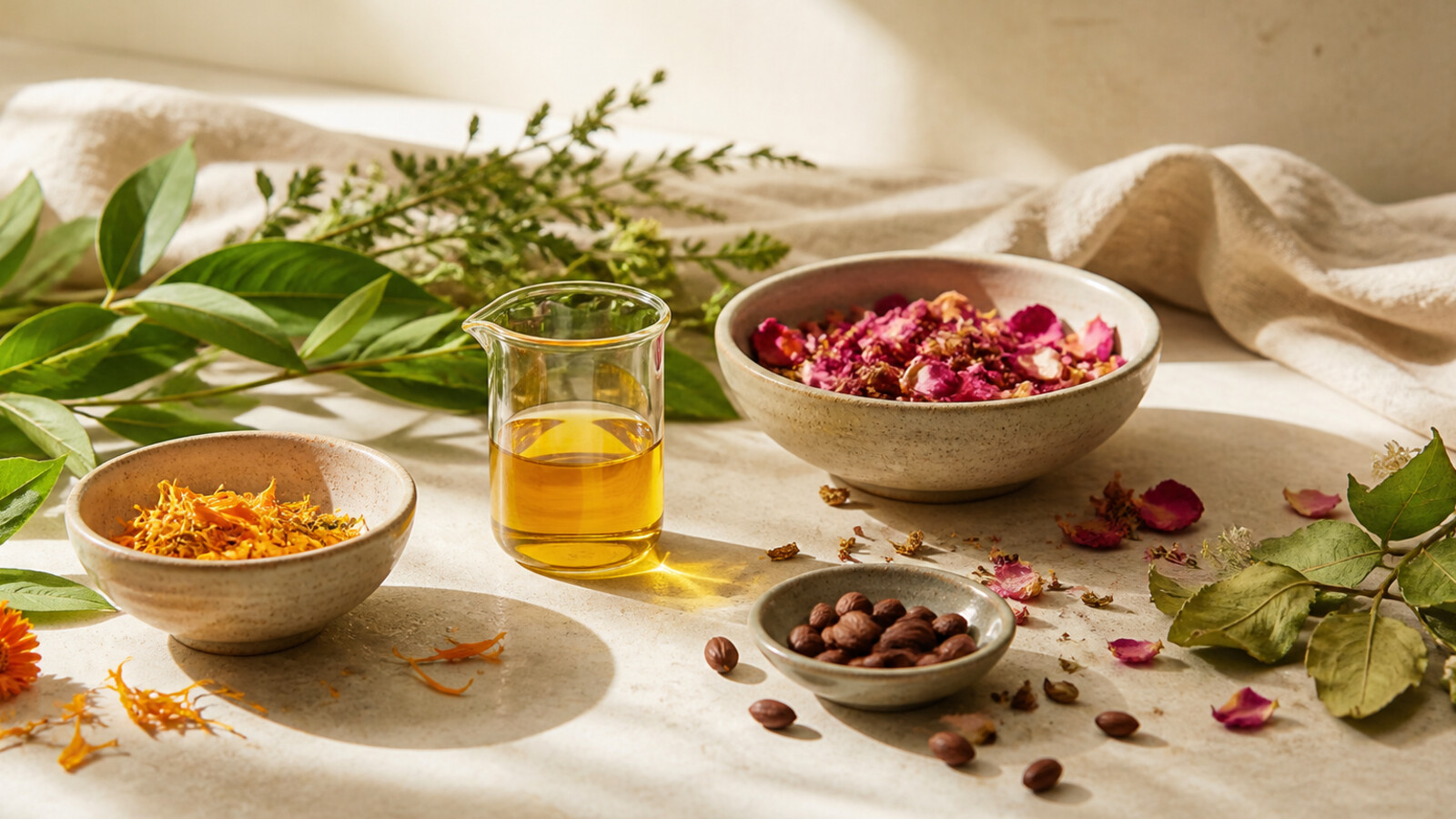 Botanical leaves, dried flowers, seeds, and golden plant oil on a sunlit artisan worktable