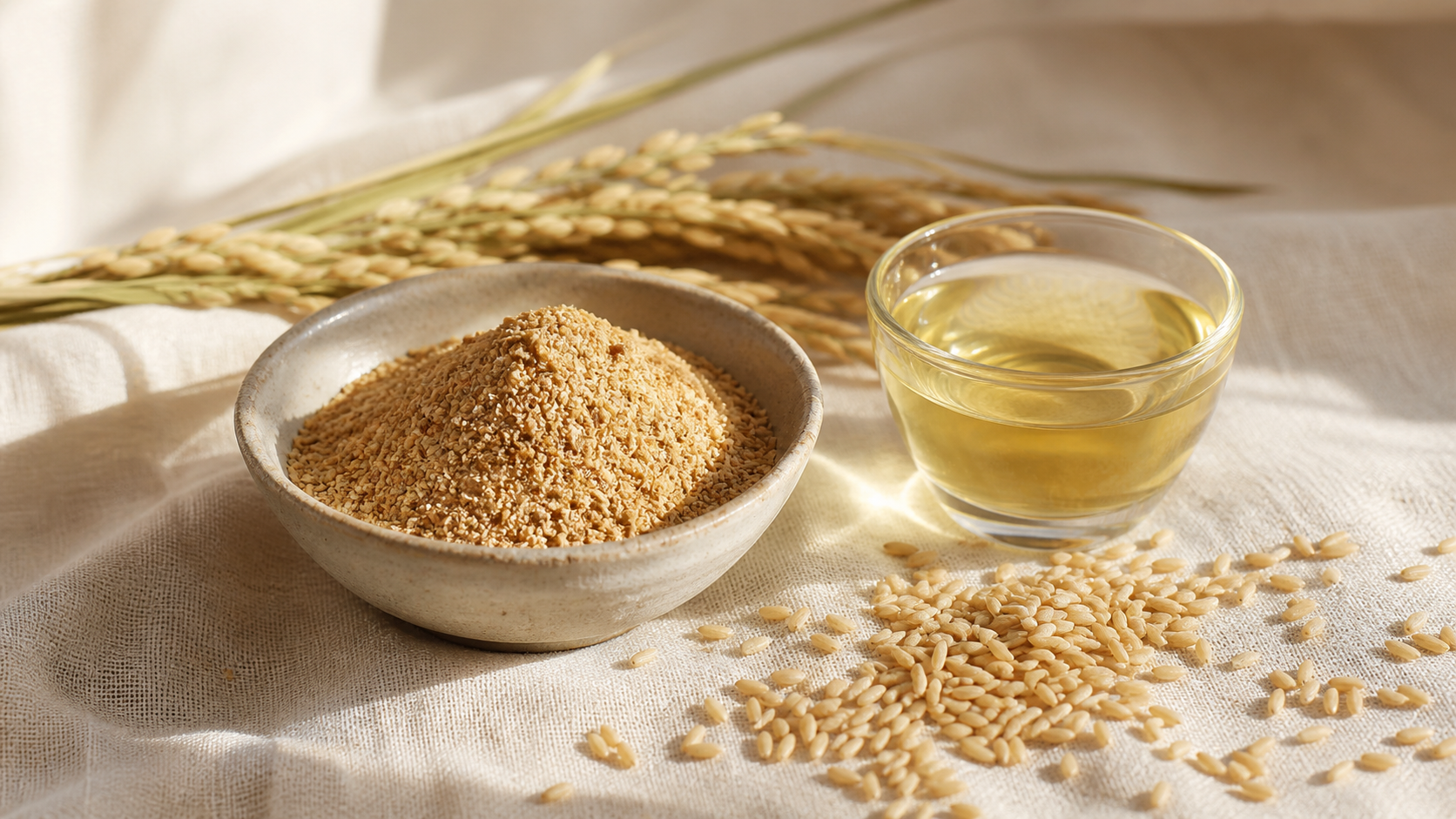 Rice bran, whole rice grains, and pale golden oil arranged on warm ivory linen