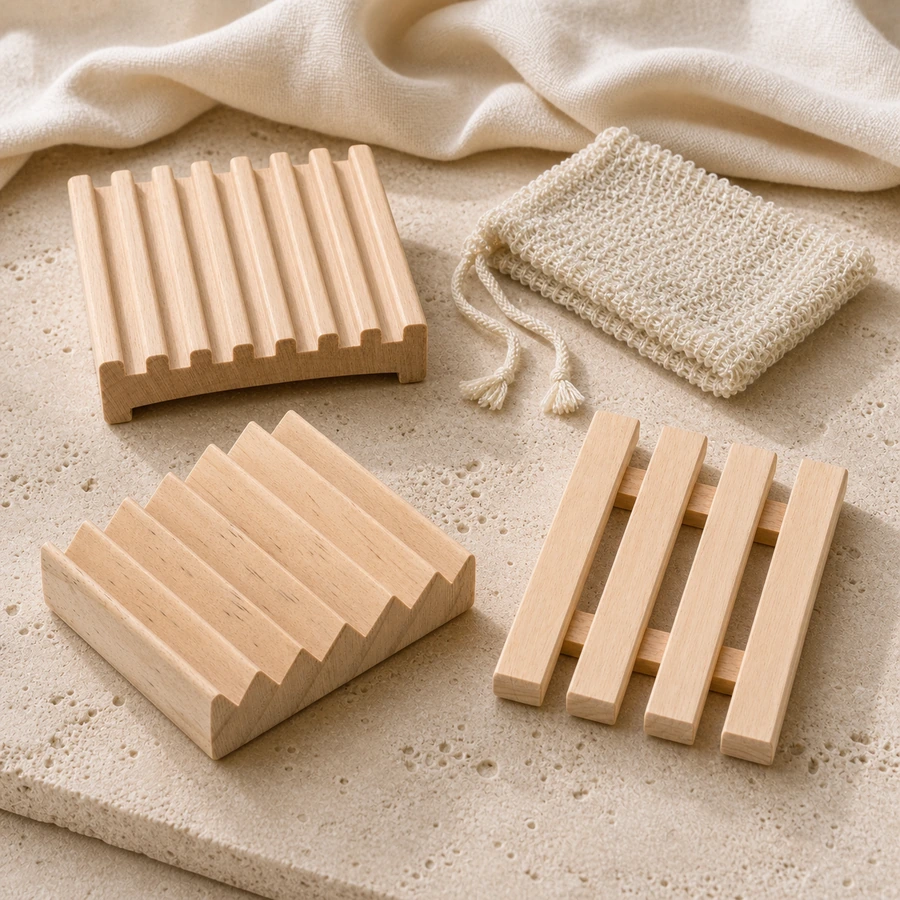 Plumera Essentials soap dishes, saver bag and wooden crate