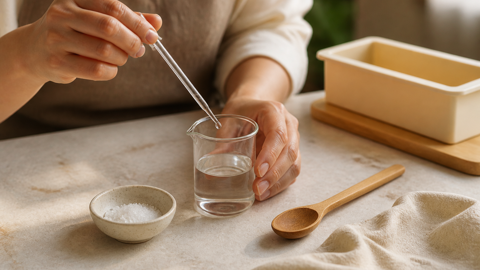 Soapmaker measuring clear liquid beside an empty loaf mold on a sunlit worktable