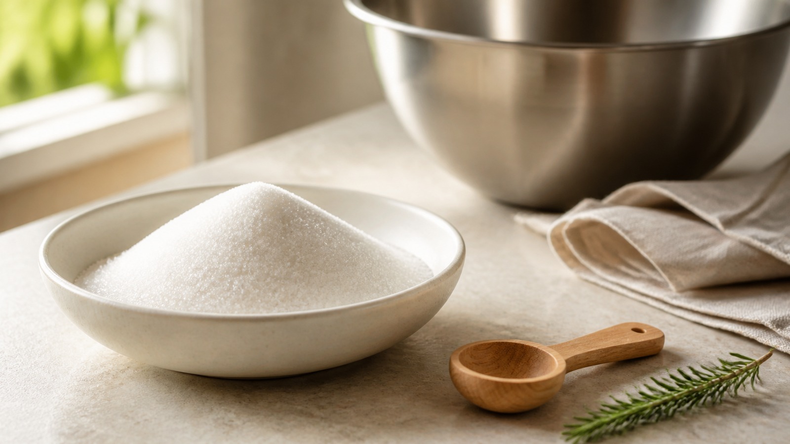 Granulated sugar in a cream ceramic bowl beside a wooden spoon and stainless-steel mixing bowl