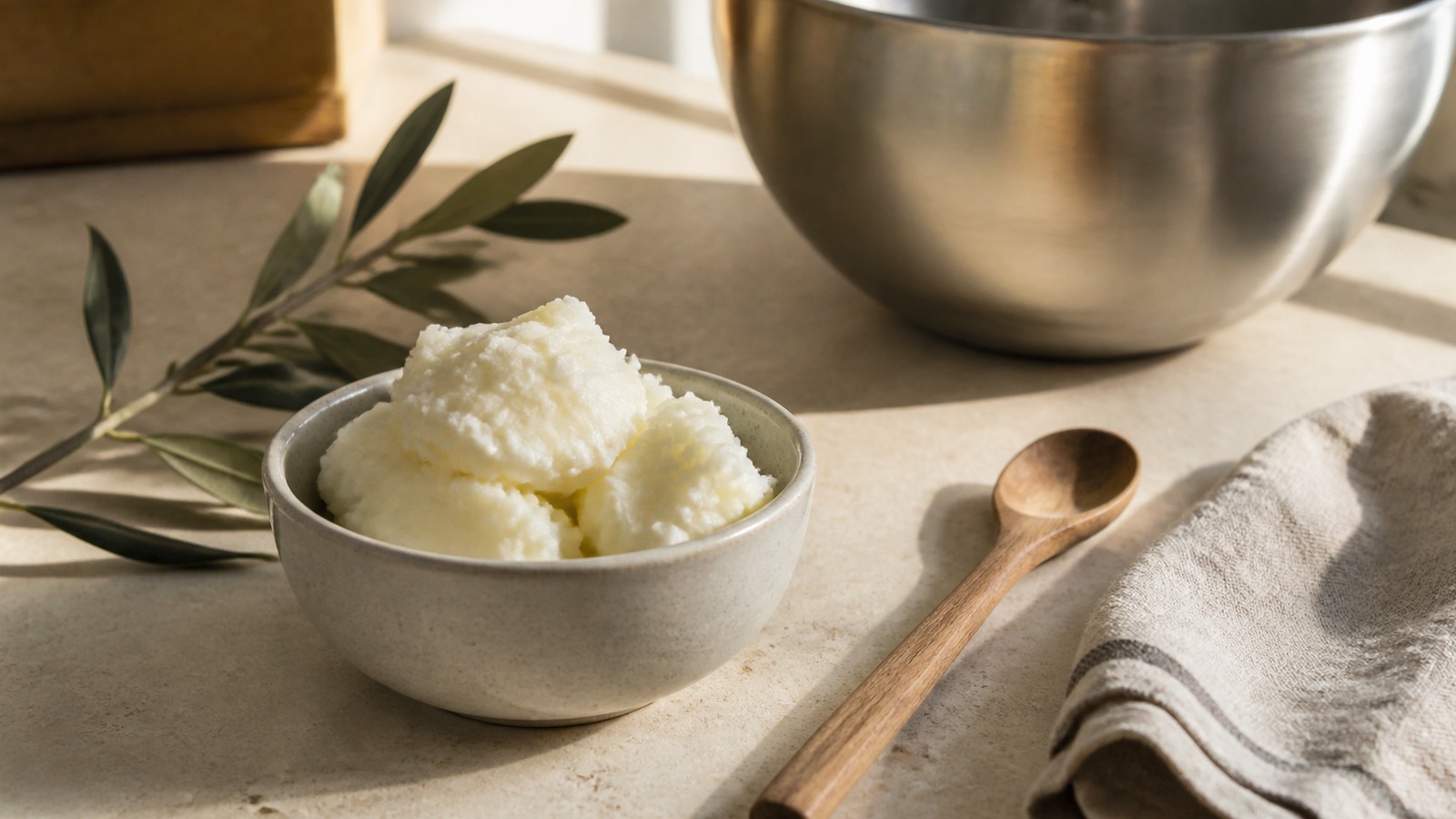 Pale soapmaking fat in a ceramic bowl beside a wooden spoon and stainless-steel mixing bowl