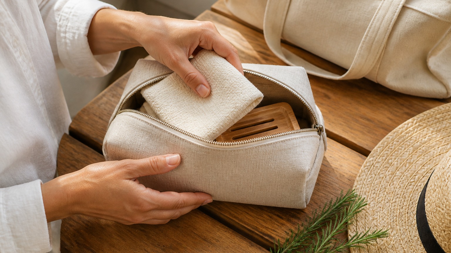 Hands packing a clean linen toiletry bag with a washcloth and wooden soap dish